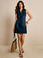 Navy Denim Halter Fit-Flare Dress