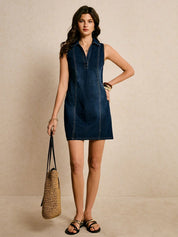 Navy Denim Halter Fit-Flare Dress
