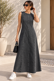Kotty Dark Grey Sleeveless Washed Denim Maxi Dress Women