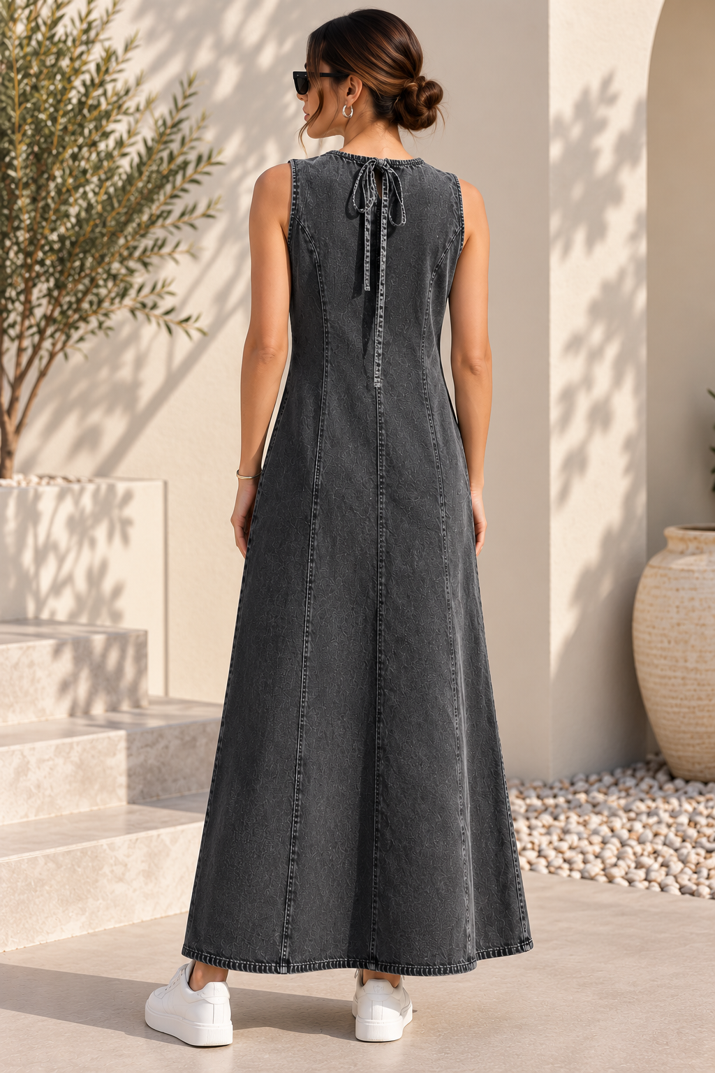 Kotty Dark Grey Sleeveless Washed Denim Maxi Dress Women