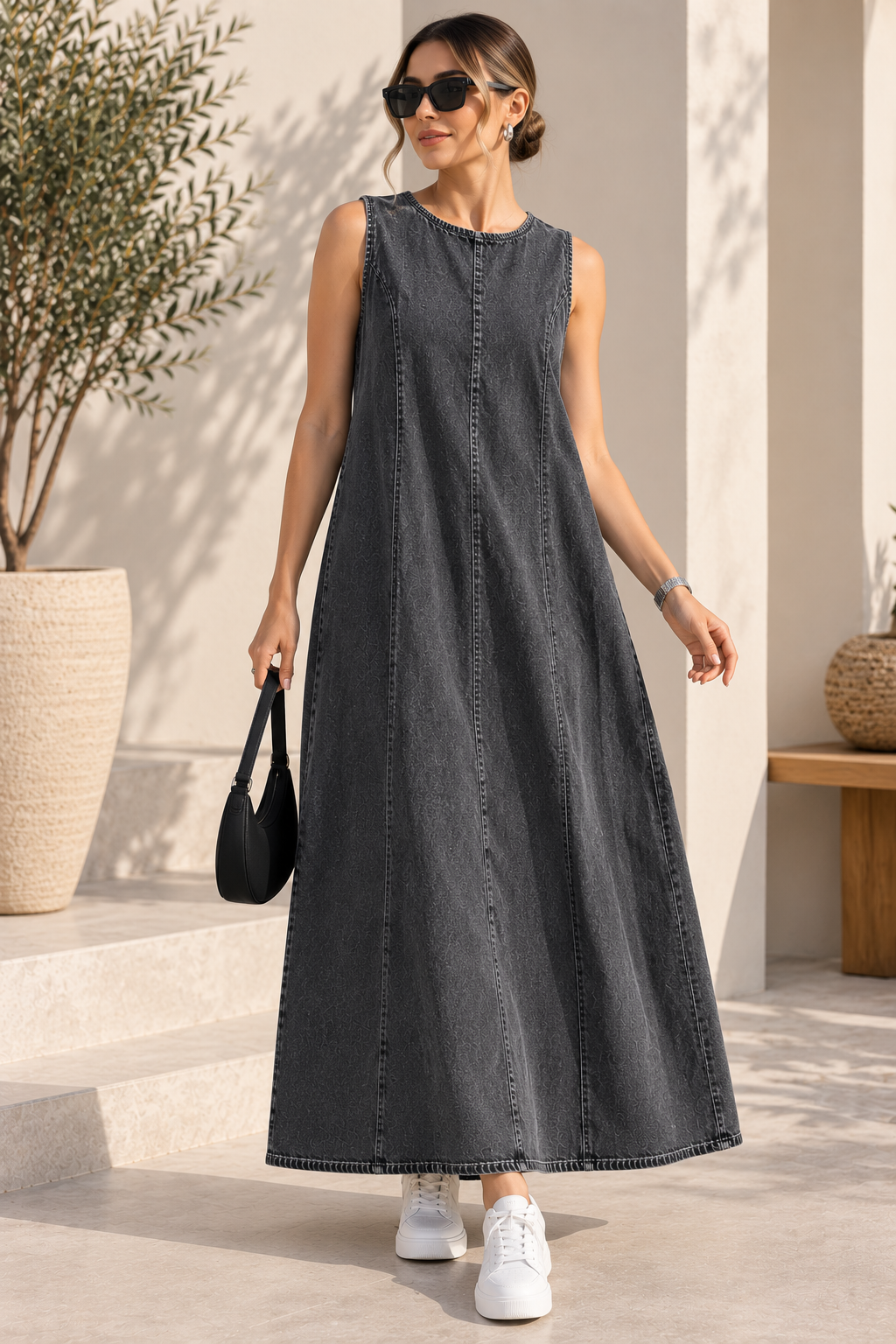 Kotty Dark Grey Sleeveless Washed Denim Maxi Dress Women