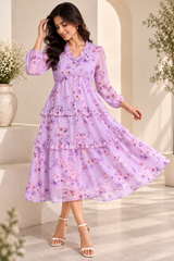 Purple Floral Chiffon Ruffle Tiered Long Sleeve Midi Dress