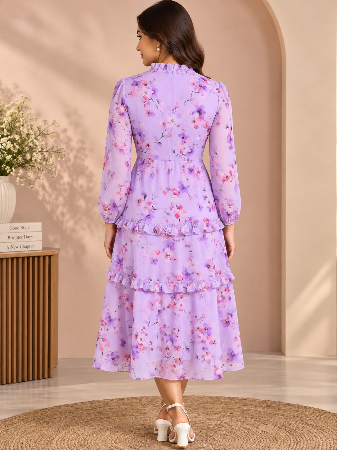 Purple Floral Chiffon Ruffle Tiered Long Sleeve Midi Dress