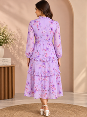 Purple Floral Chiffon Ruffle Tiered Long Sleeve Midi Dress
