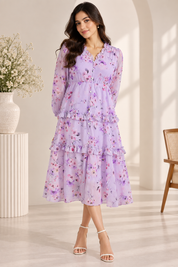 Purple Floral Chiffon Ruffle Tiered Long Sleeve Midi Dress