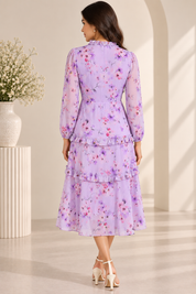 Purple Floral Chiffon Ruffle Tiered Long Sleeve Midi Dress