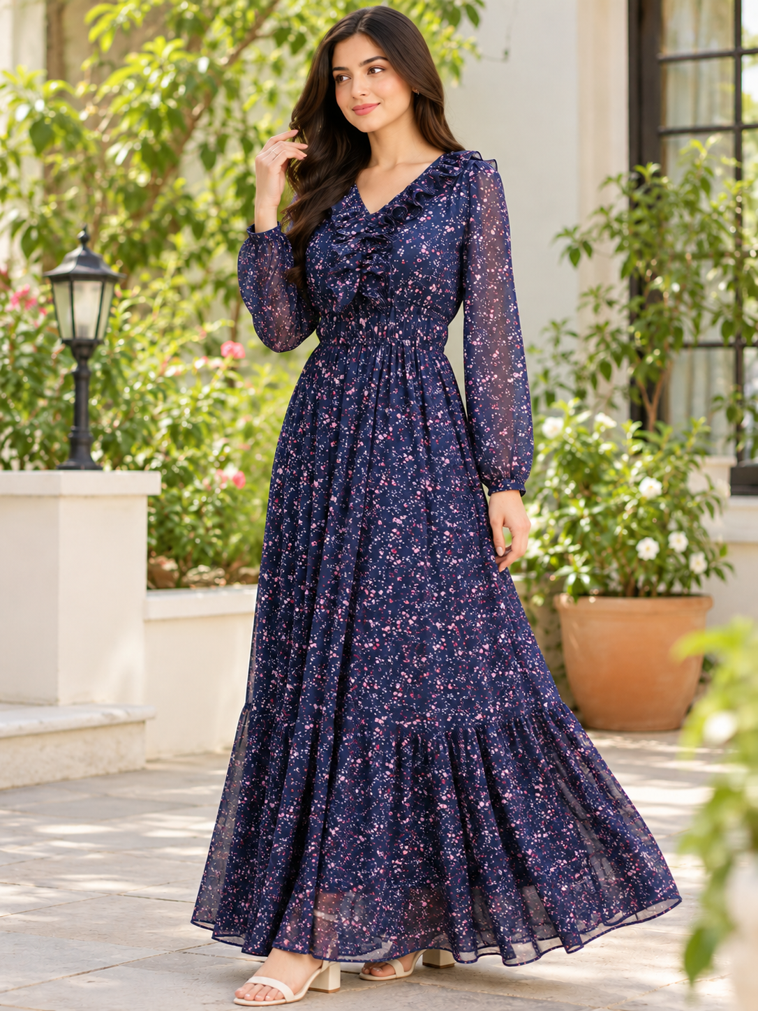 Women Floral Printed Navy Blue Maxi Dress