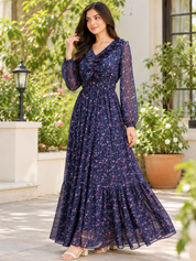 Women Floral Printed Navy Blue Maxi Dress