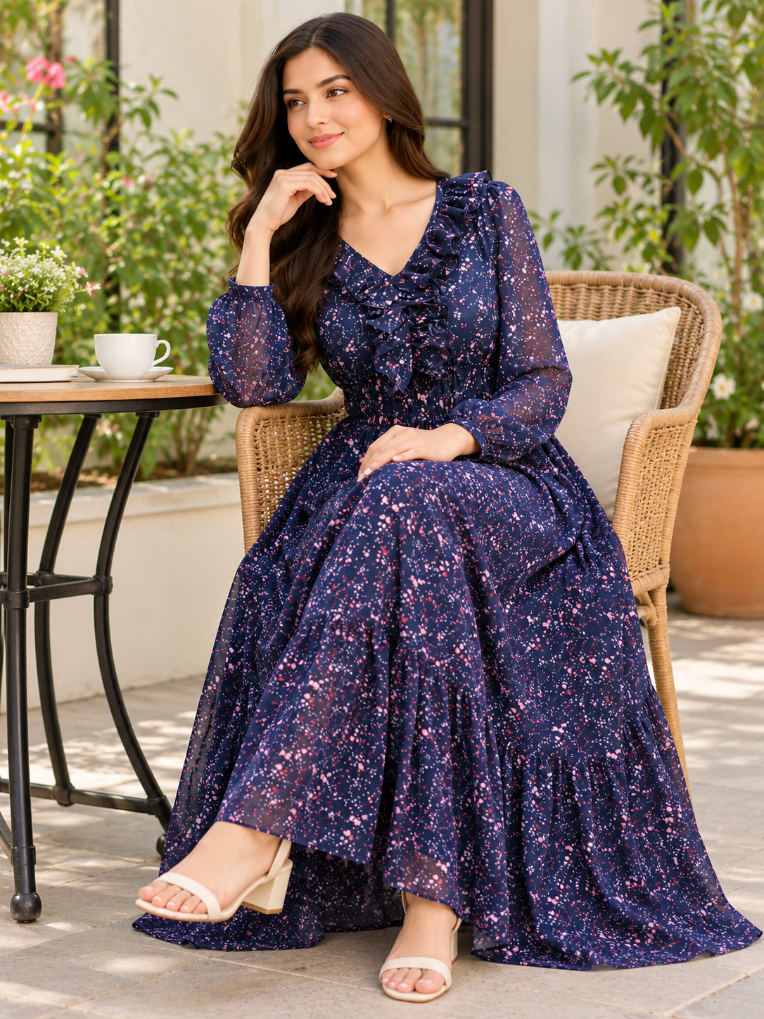 Women Floral Printed Navy Blue Maxi Dress