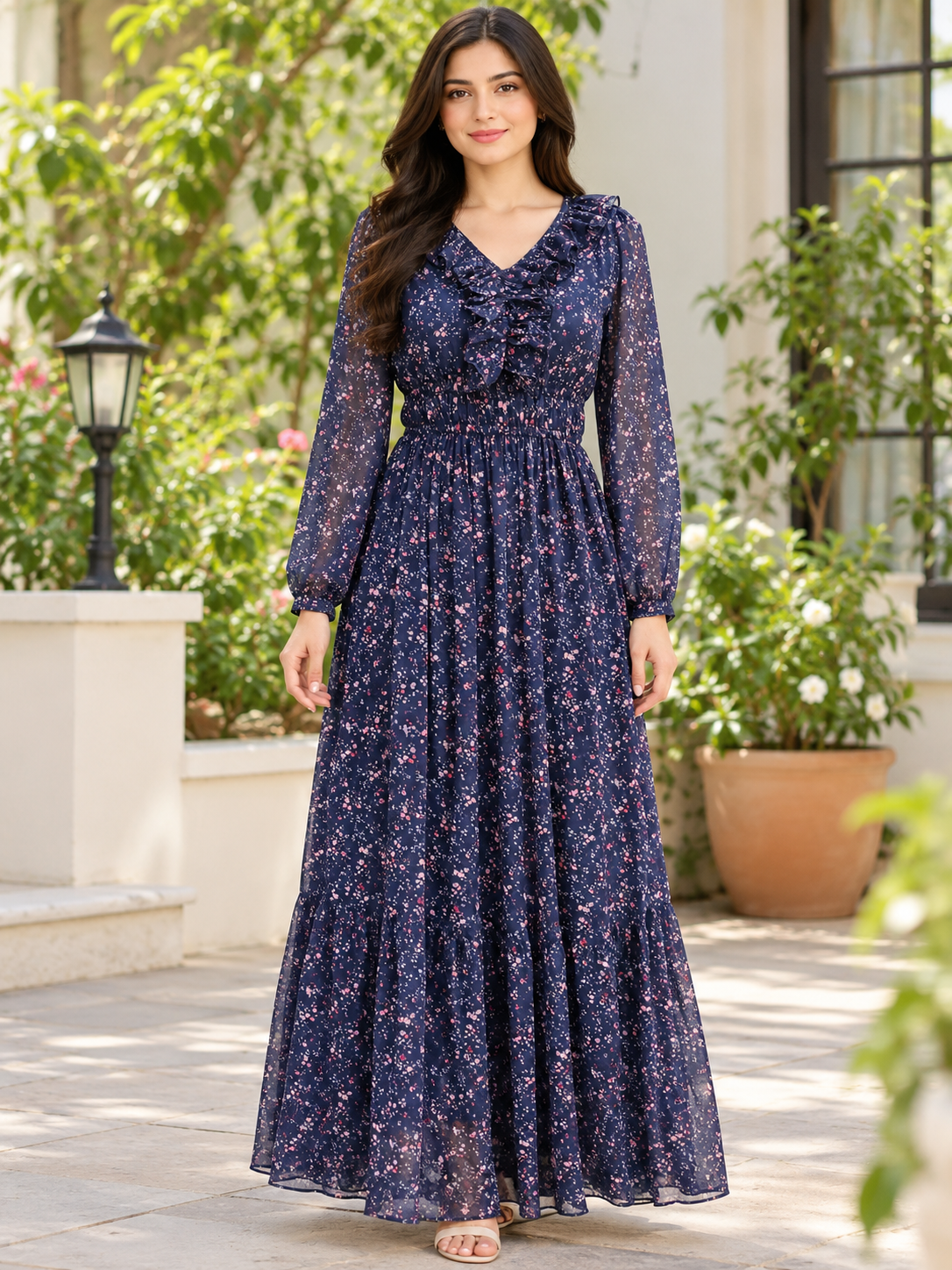 Women Floral Printed Navy Blue Maxi Dress