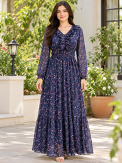 Women Floral Printed Navy Blue Maxi Dress