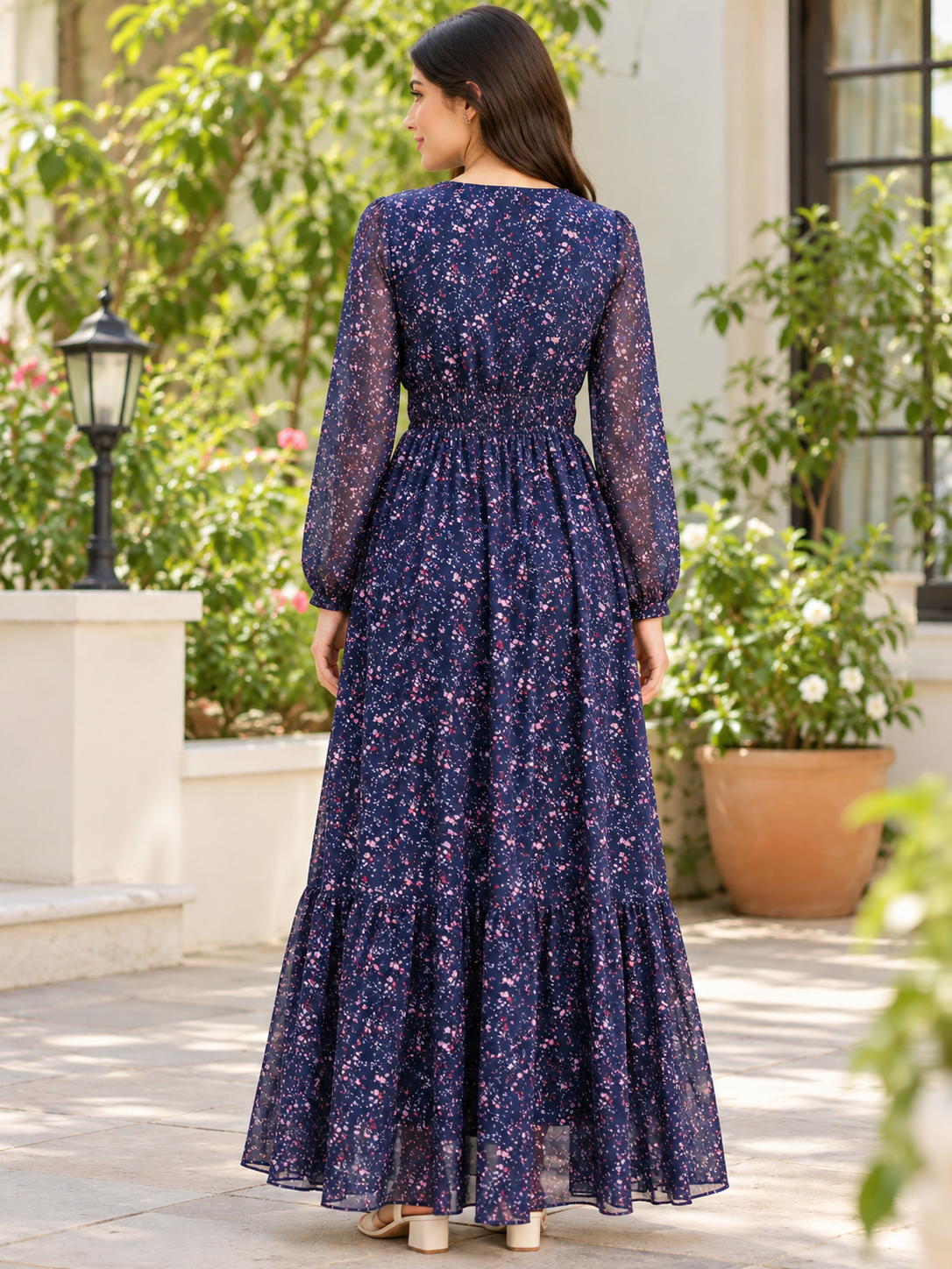 Women Floral Printed Navy Blue Maxi Dress