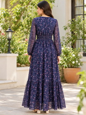 Women Floral Printed Navy Blue Maxi Dress