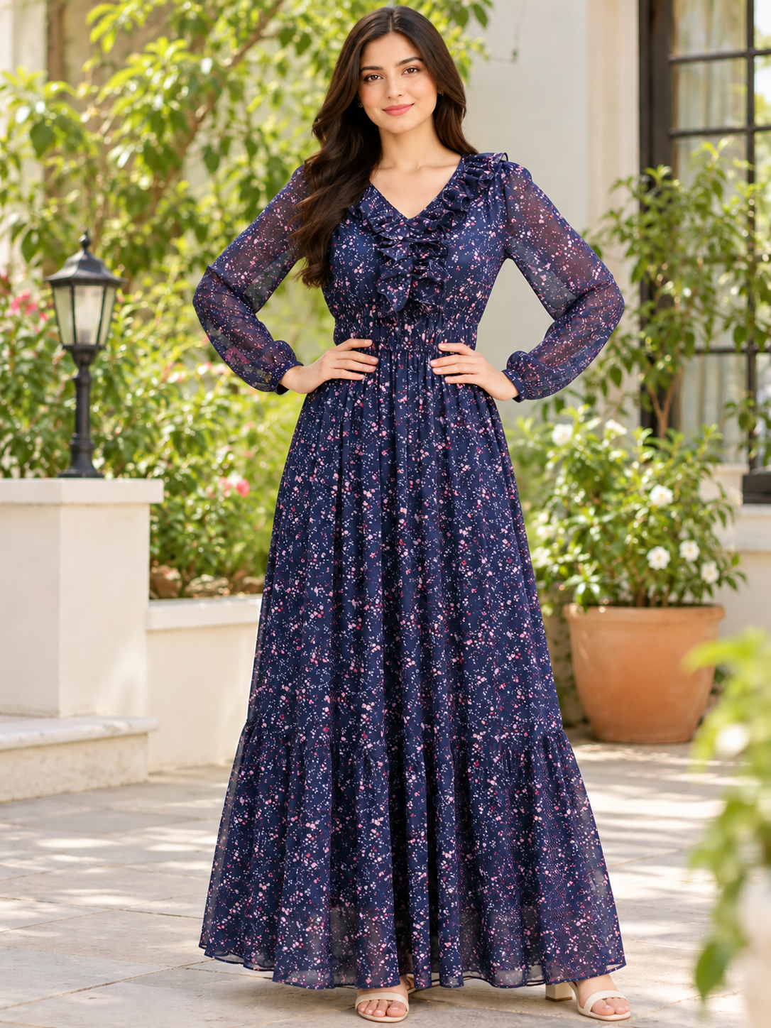 Women Floral Printed Navy Blue Maxi Dress