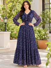 Women Floral Printed Navy Blue Maxi Dress