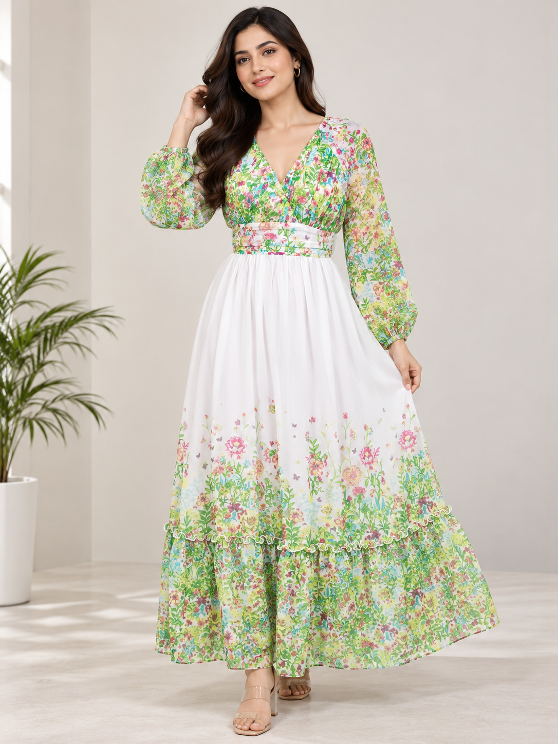 Women Green Floral Print V-Neck Maxi Dress