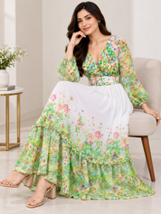 Women Green Floral Print V-Neck Maxi Dress