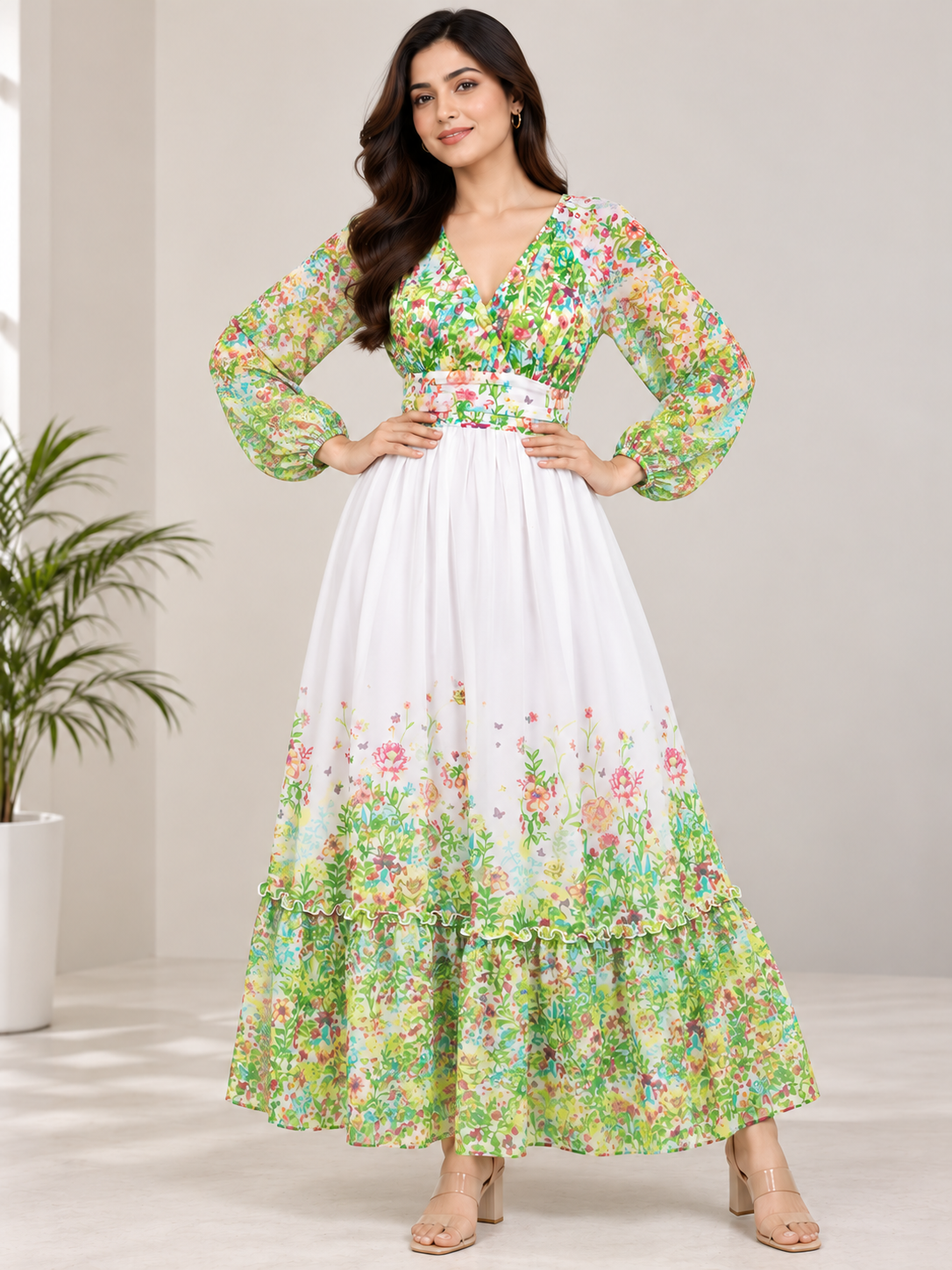 Women Green Floral Print V-Neck Maxi Dress