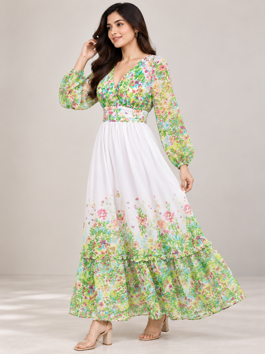 Women Green Floral Print V-Neck Maxi Dress