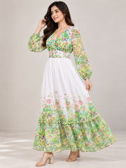 Women Green Floral Print V-Neck Maxi Dress