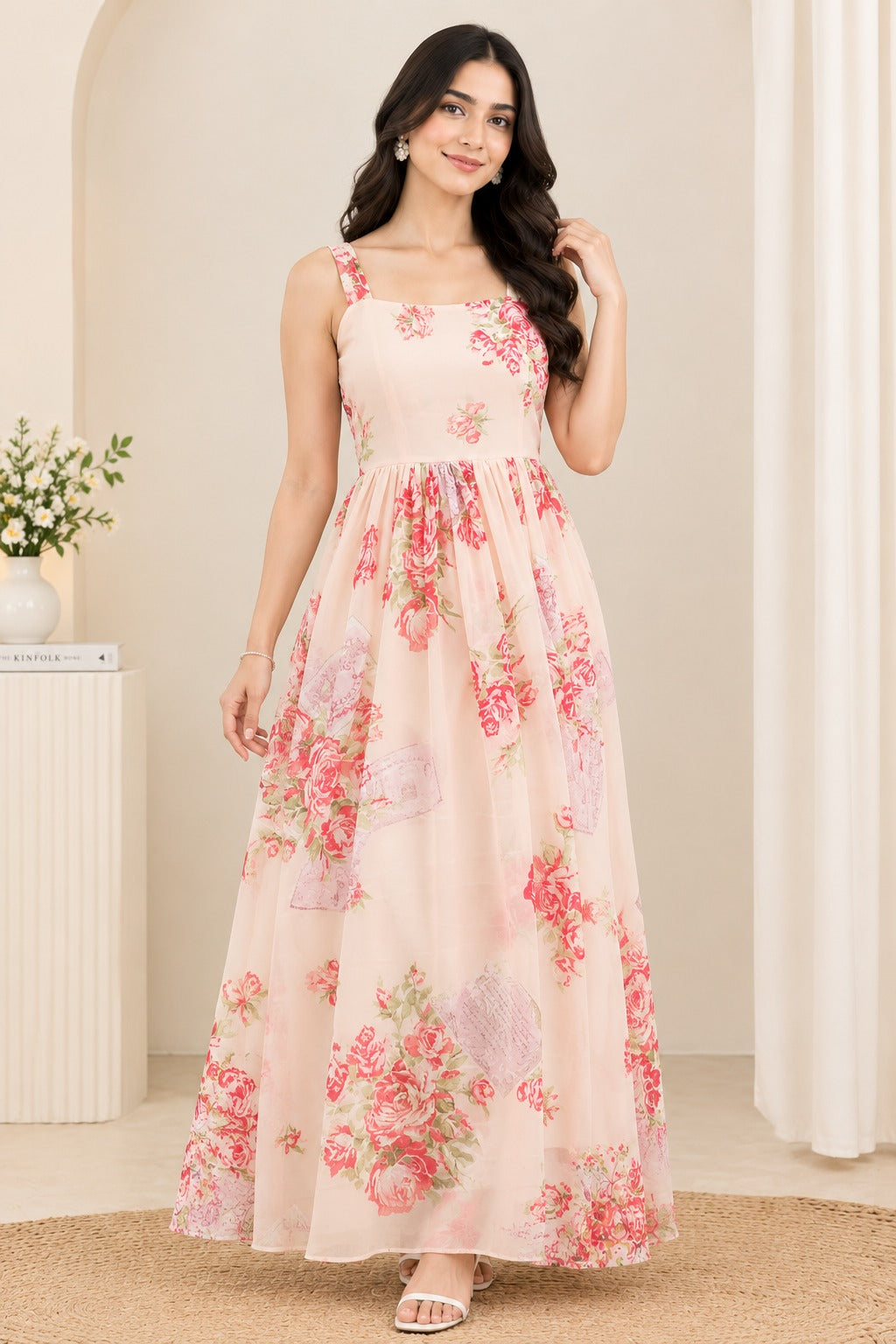 Women Pink Floral Printed Sleeveless Maxi Dress