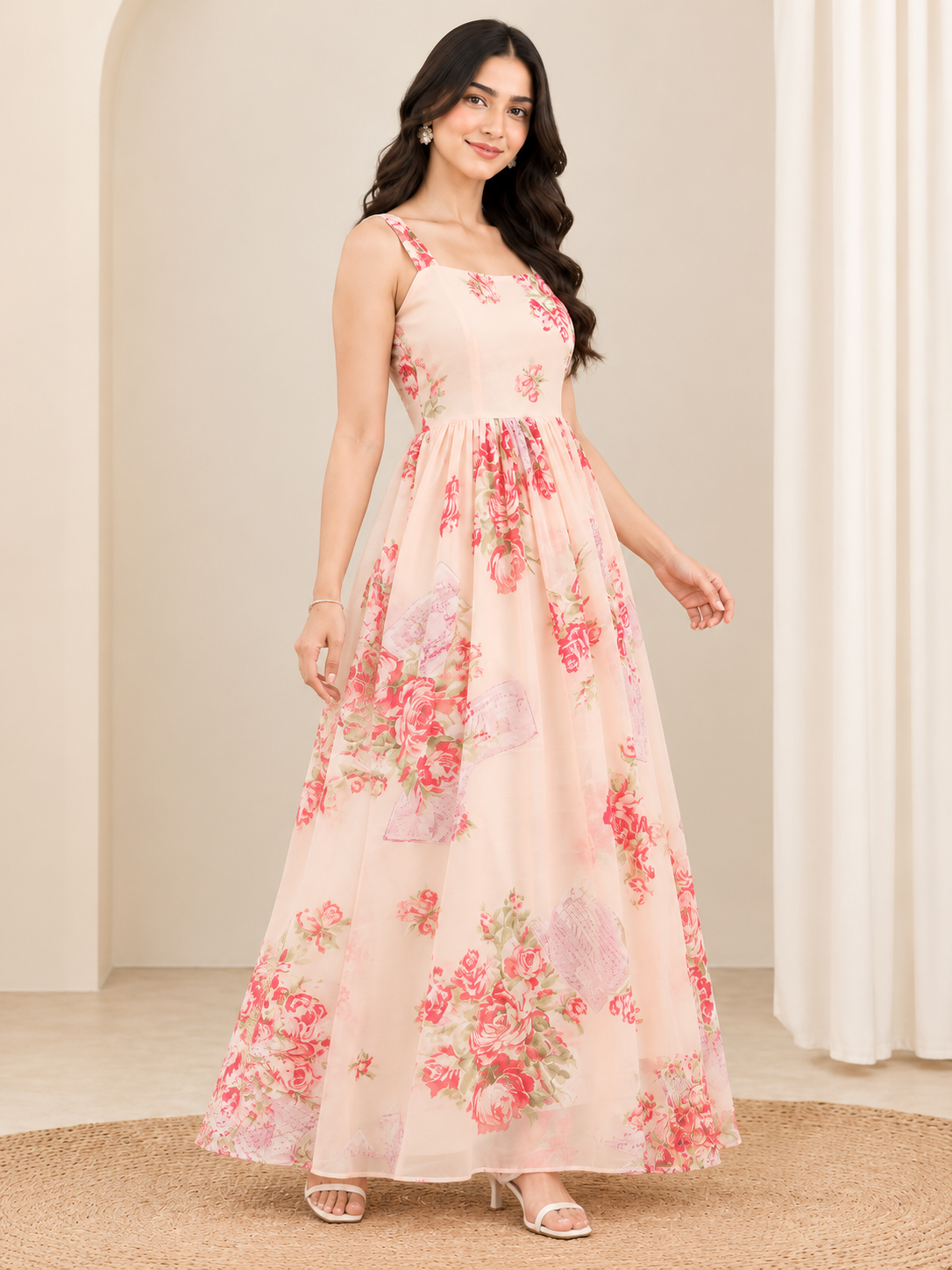 Women Pink Floral Printed Sleeveless Maxi Dress