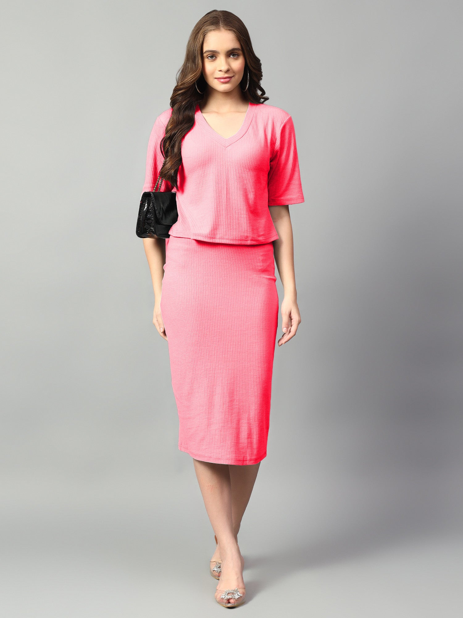 KOTTY Women Two Piece Dress Pink Below Knee Dress 