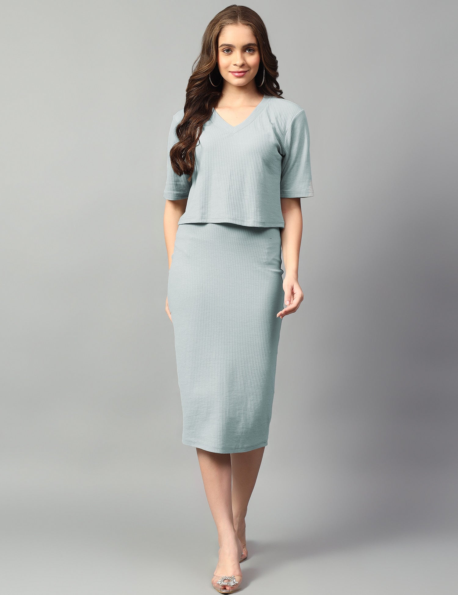 KOTTY Women Two Piece Dress Light Green Below Knee Dress 