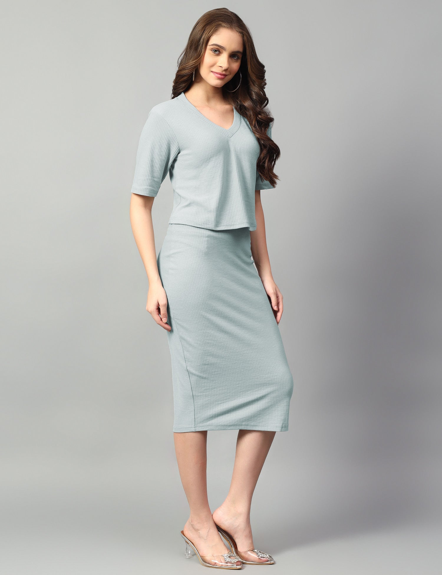 KOTTY Women Two Piece Dress Light Green Below Knee Dress 