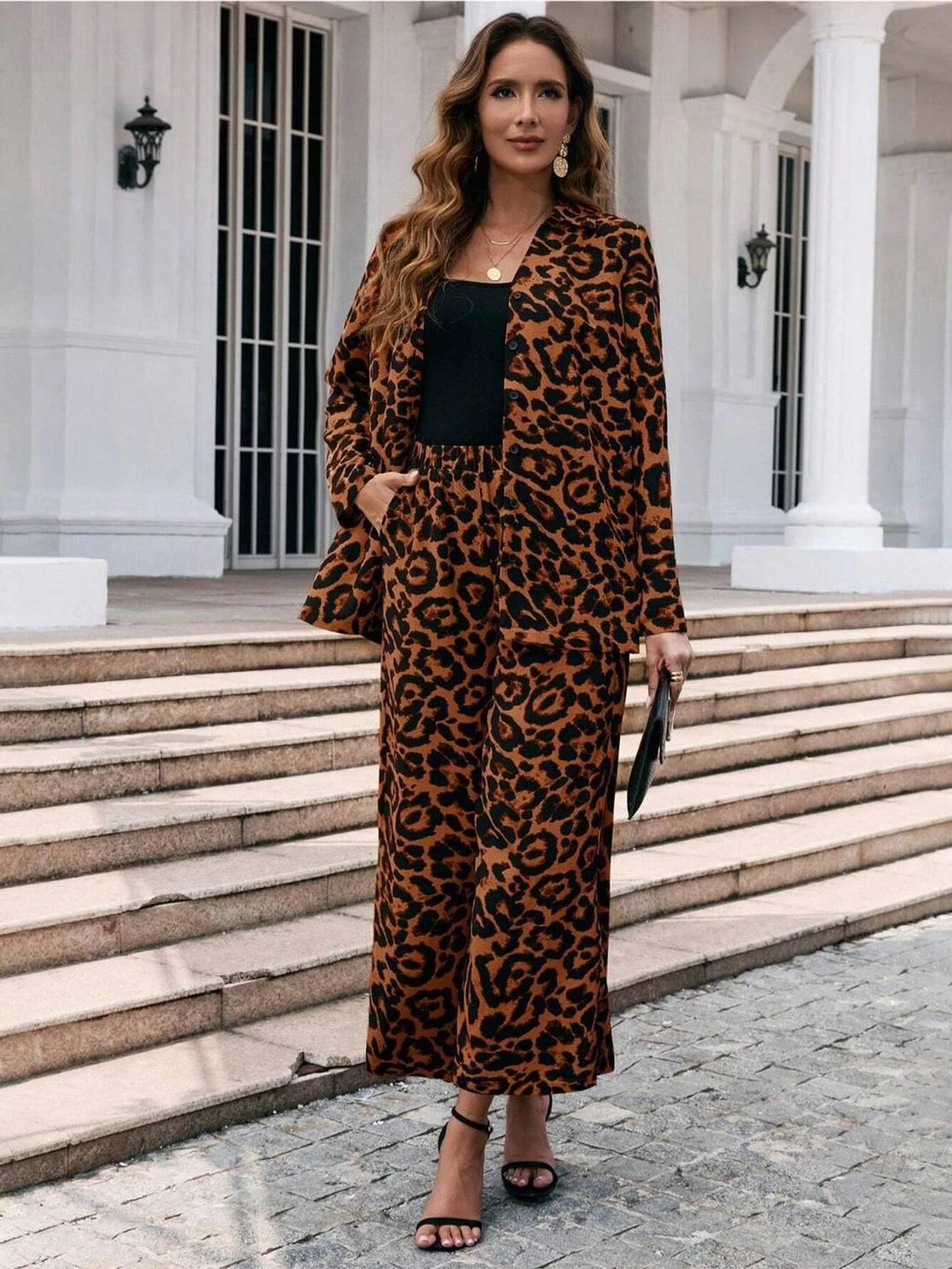 Women’s Leopard Print Blazer Wide Leg Pants Set