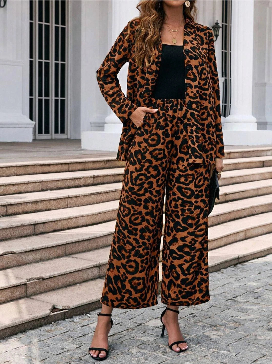 Women’s Leopard Print Blazer Wide Leg Pants Set