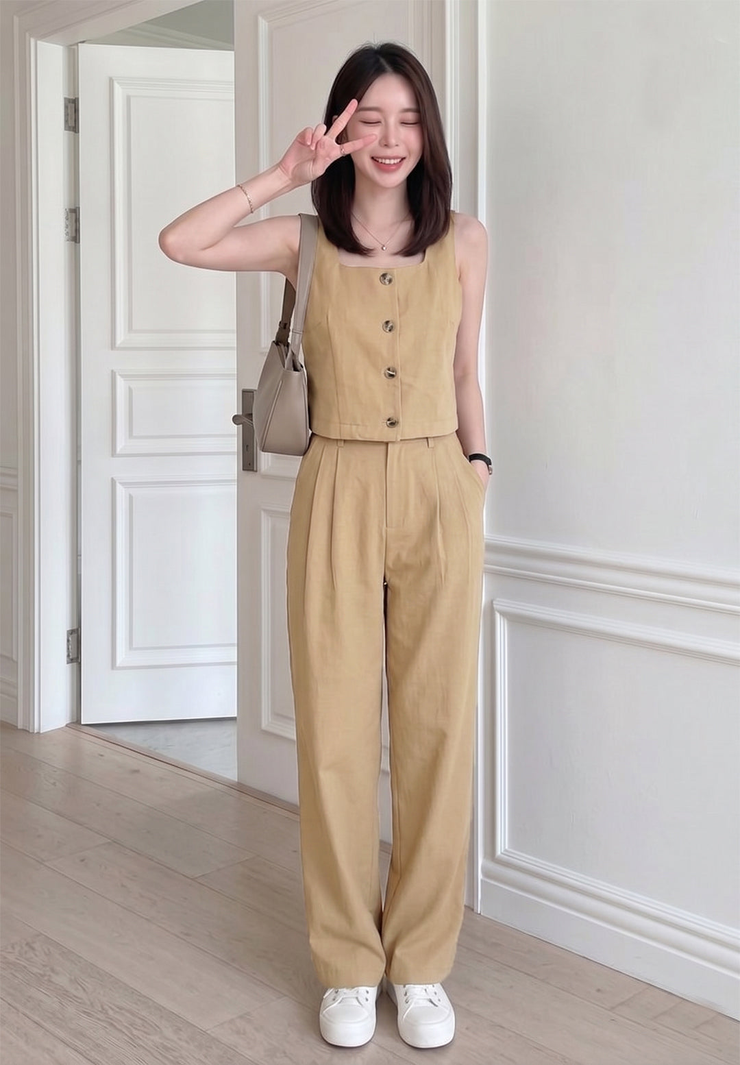 KOTTY Women Beige Co-ord Set Waistcoat Trousers