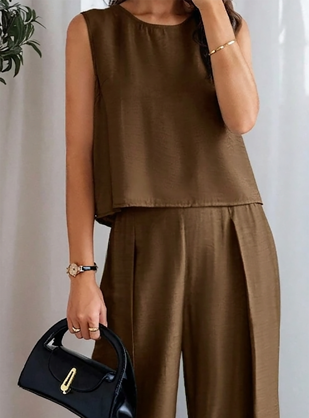 Chocolate Brown Sleeveless Top and Wide-Leg Trousers Two-Piece Set