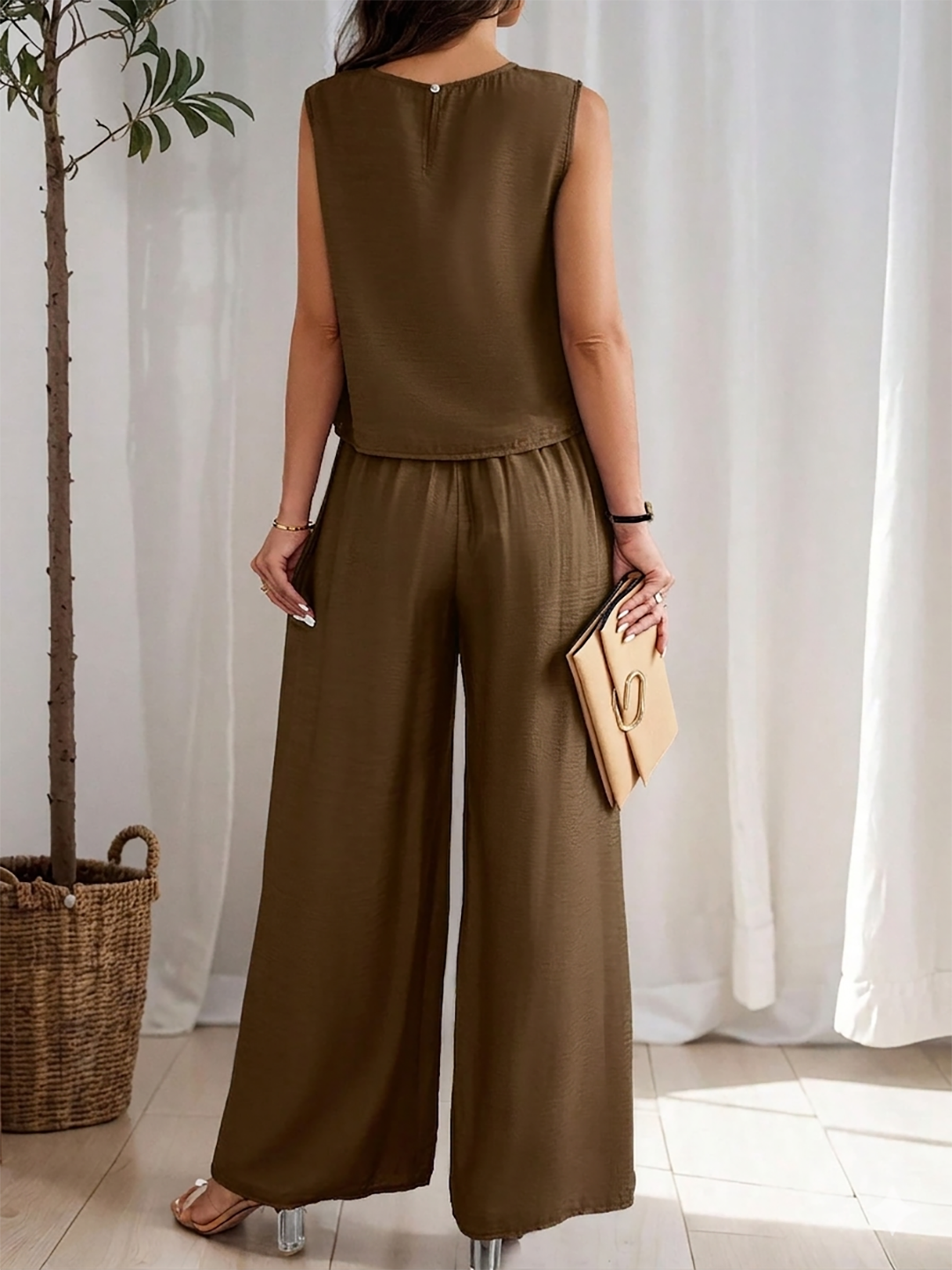 Chocolate Brown Sleeveless Top and Wide-Leg Trousers Two-Piece Set