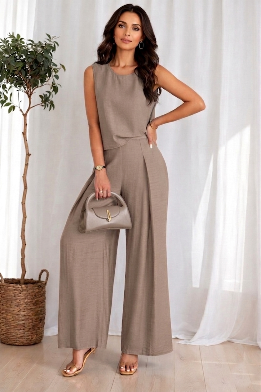 Women Light Brown Sleeveless Ribbed Two-Piece Set