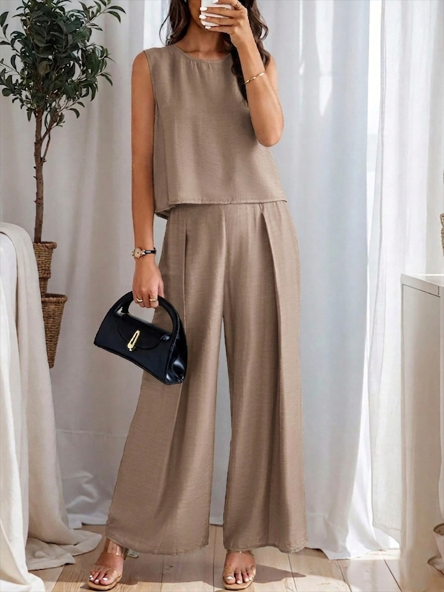 Women Light Brown Sleeveless Ribbed Two-Piece Set