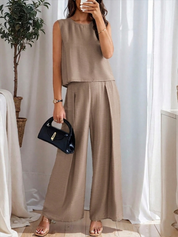 Women Light Brown Sleeveless Ribbed Two-Piece Set