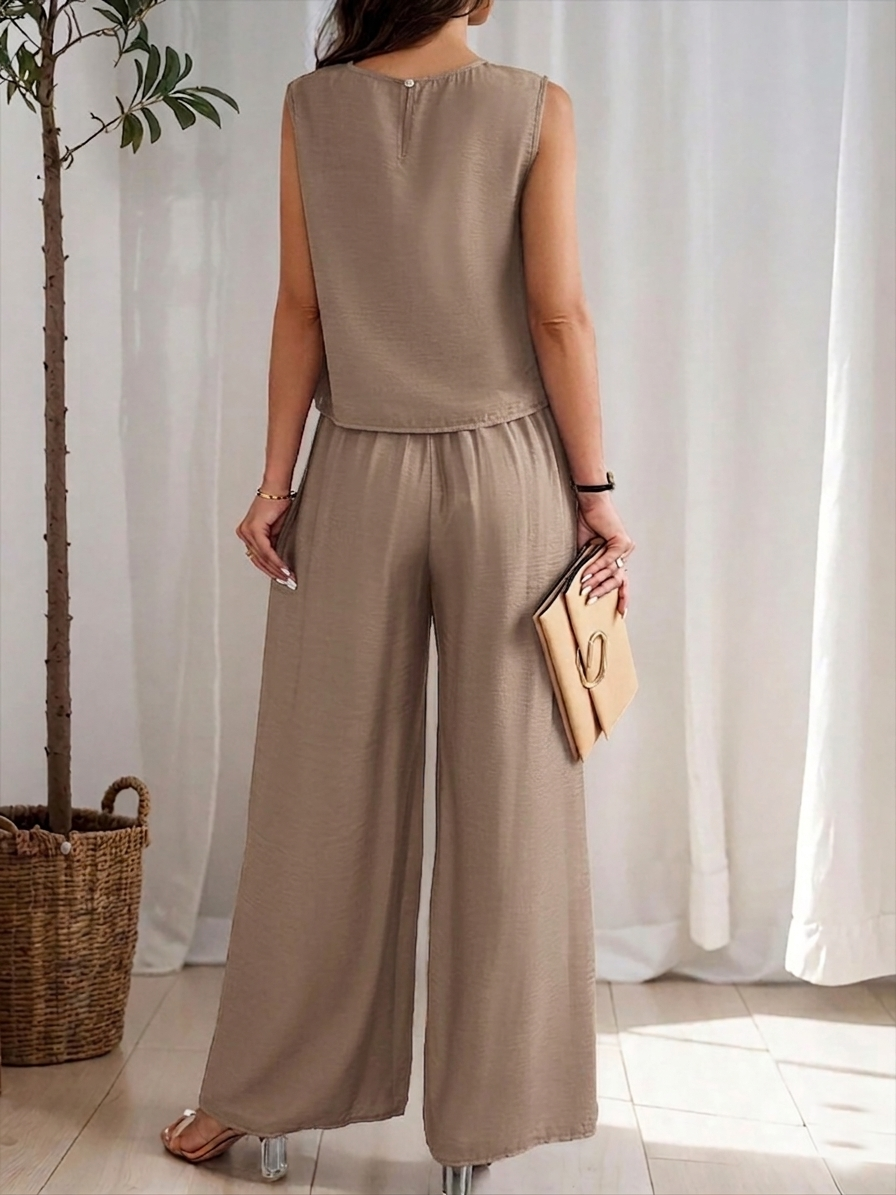 Women Light Brown Sleeveless Ribbed Two-Piece Set