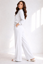 Women White Ribbed Top and Skirt Set