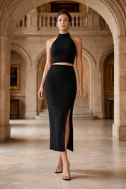 Women Black Sleeveless Ribbed Top and Skirt Set