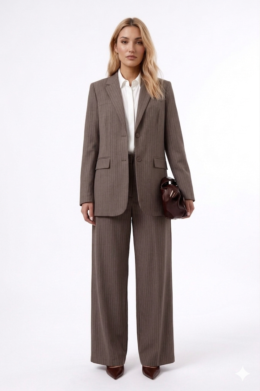 Women’s Brown Pinstripe Blazer Wide Leg Suit Set