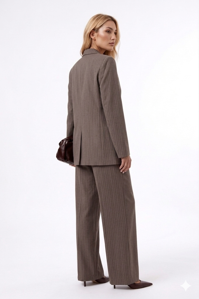Women’s Brown Pinstripe Blazer Wide Leg Suit Set