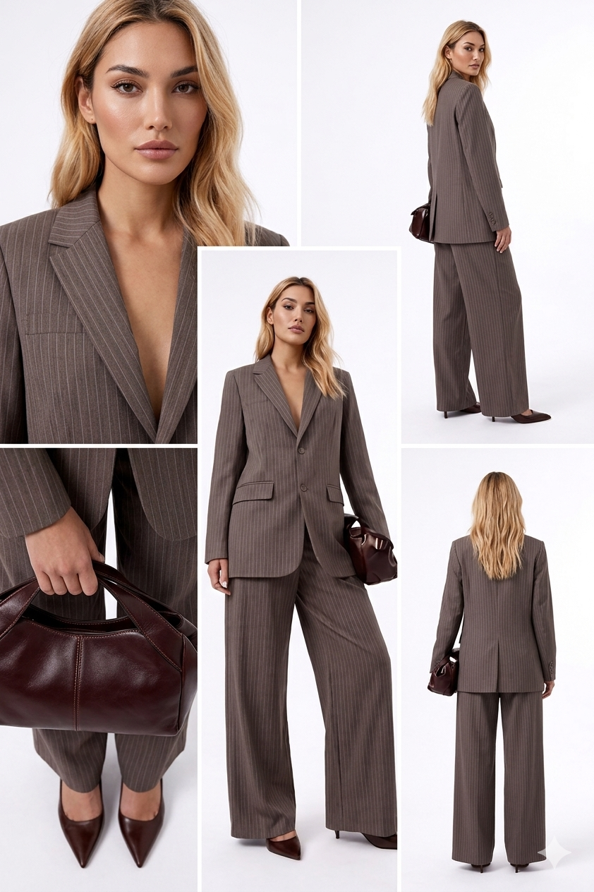 Women’s Brown Pinstripe Blazer Wide Leg Suit Set