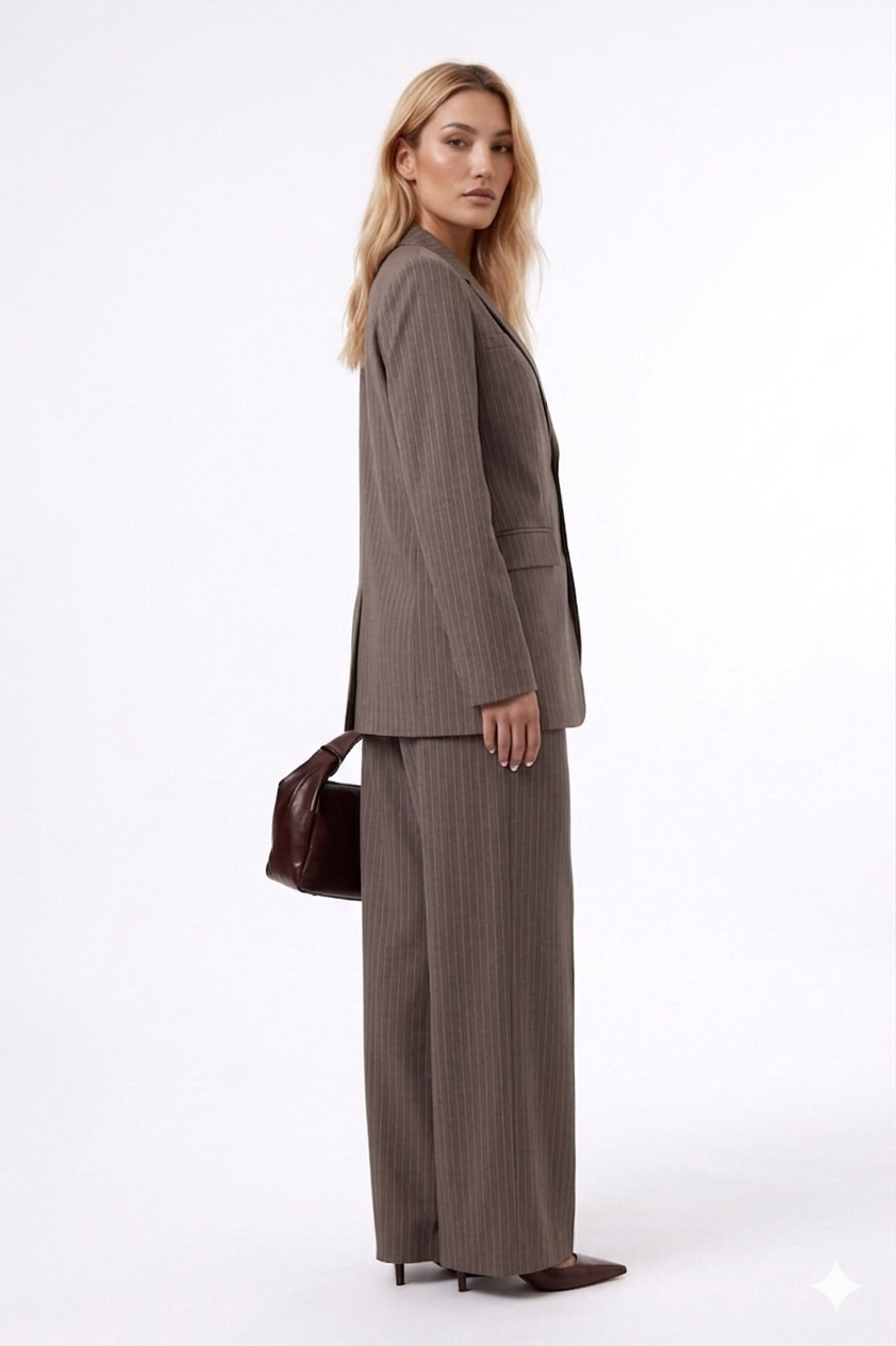 Women’s Brown Pinstripe Blazer Wide Leg Suit Set