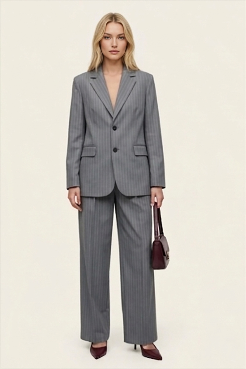 Women’s Dark Grey Pinstripe Blazer Trouser Suit Set