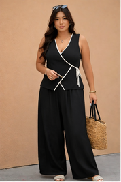 Women’s Plus Size Black Wrap Top Pants Set