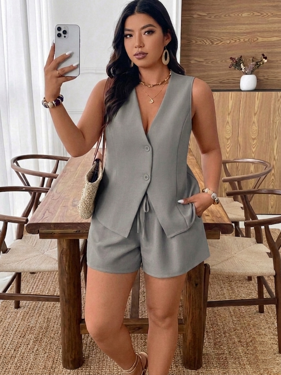 Plus Size Gray Vest Shorts Set Casual Chic