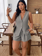 Plus Size Gray Vest Shorts Set Casual Chic