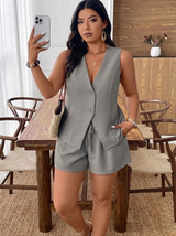 Plus Size Gray Vest Shorts Set Casual Chic