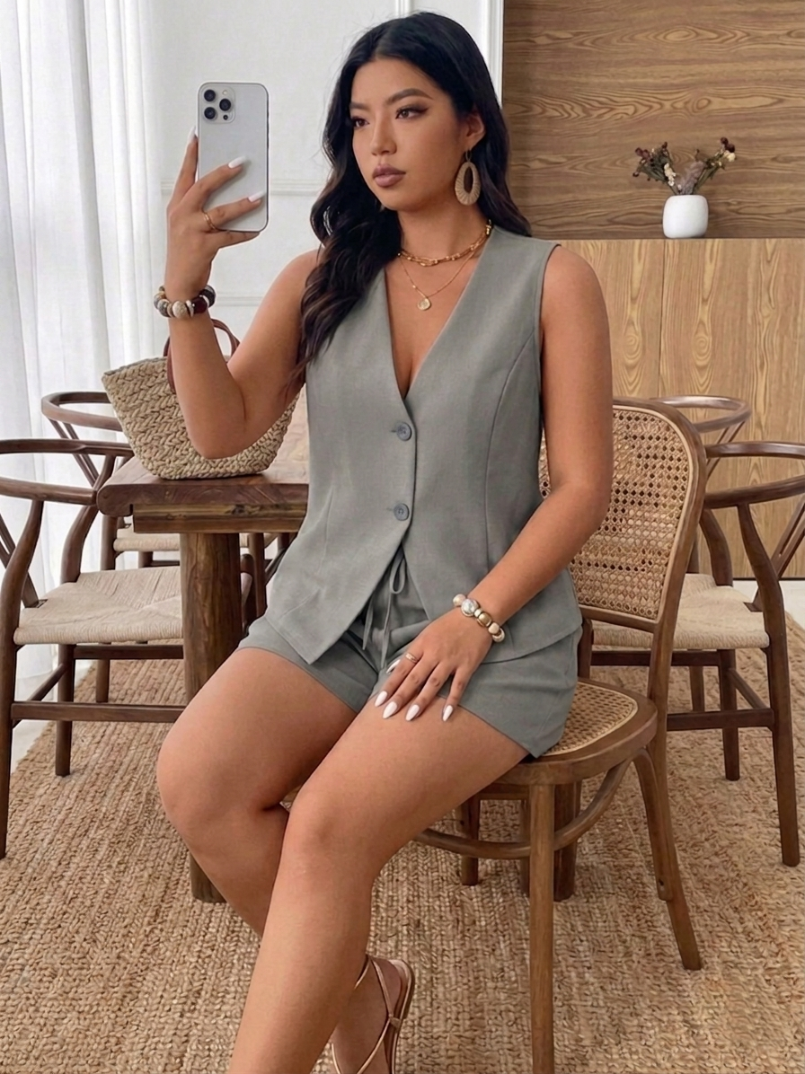 Plus Size Gray Vest Shorts Set Casual Chic